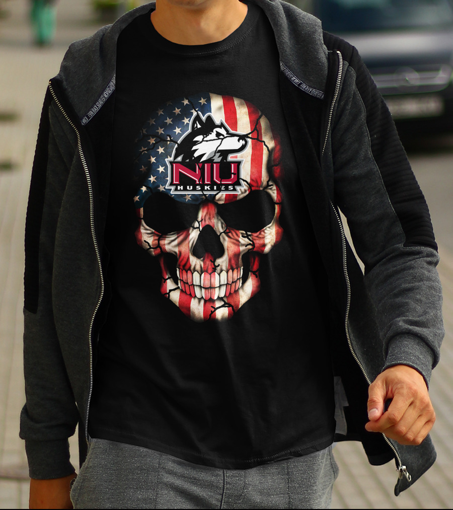 Niu Huskies American Flag Skull T-Shirt