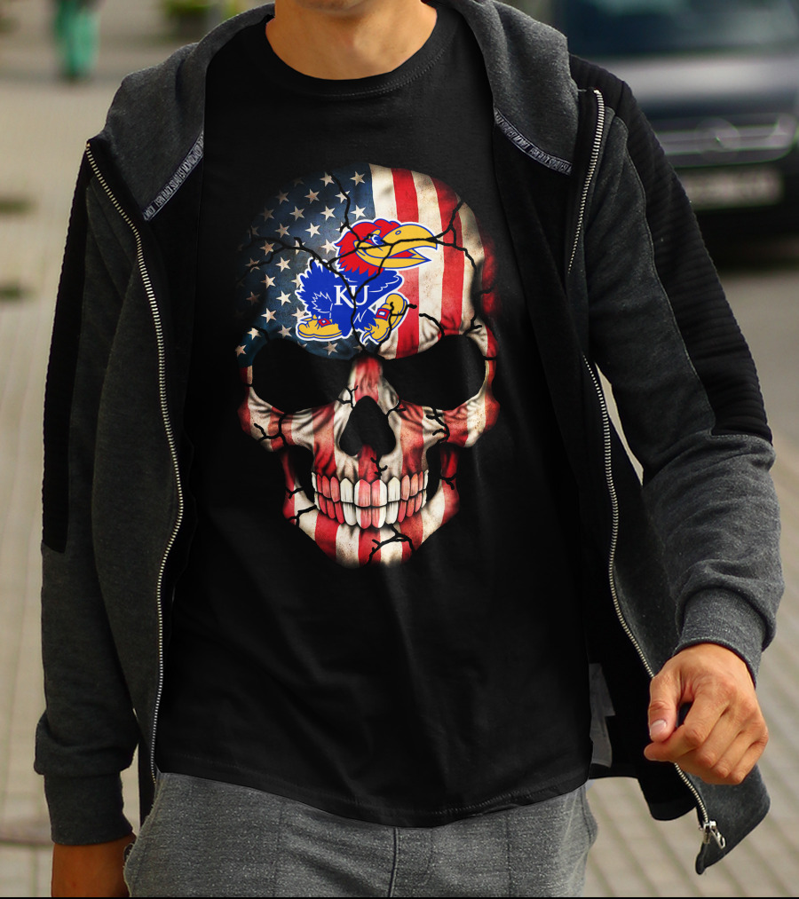 Patriotic Skull With Kansas Jayhawks Logo American Flag 80S Style T-Shirt