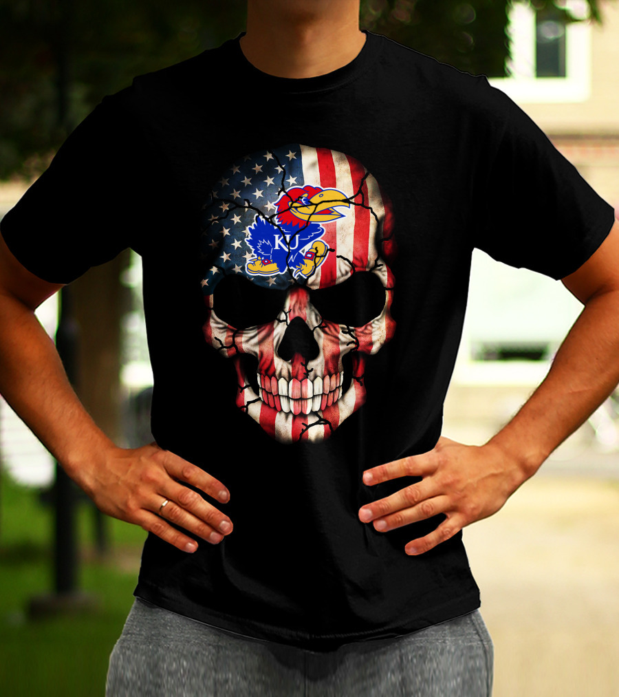 Patriotic Skull With Kansas Jayhawks Logo American Flag 80S Style T-Shirt
