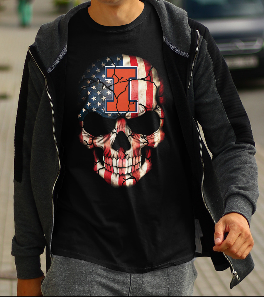 I Illinois Fighting Illini American Flag Skull 84 T-Shirt