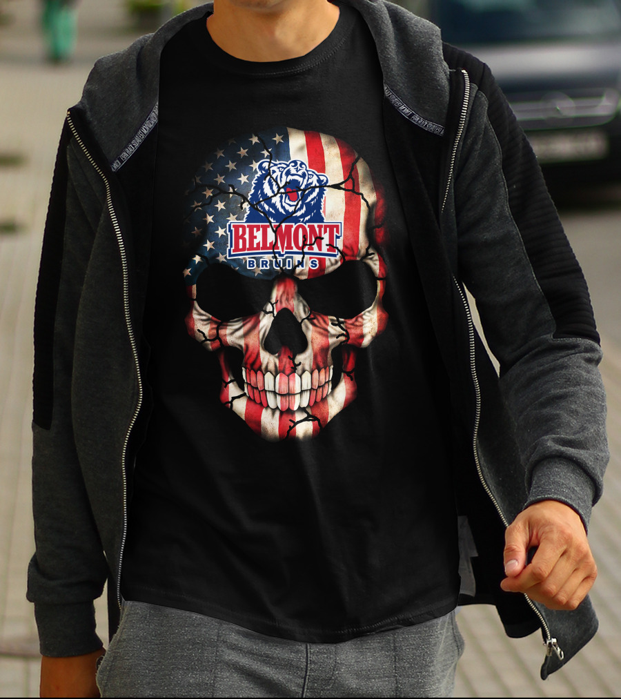 Belmont Bruins American Flag Skull With Bear T-Shirt