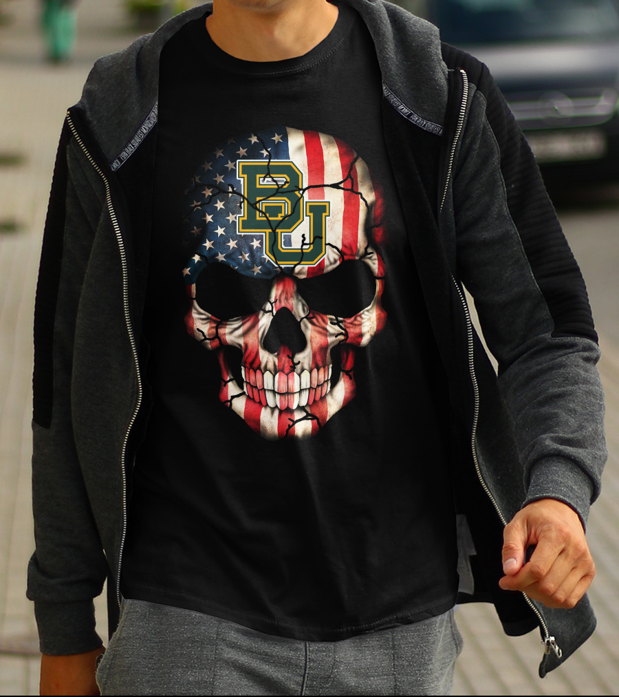 Baylor Bears Patriotic Skull With American Flag T-Shirt