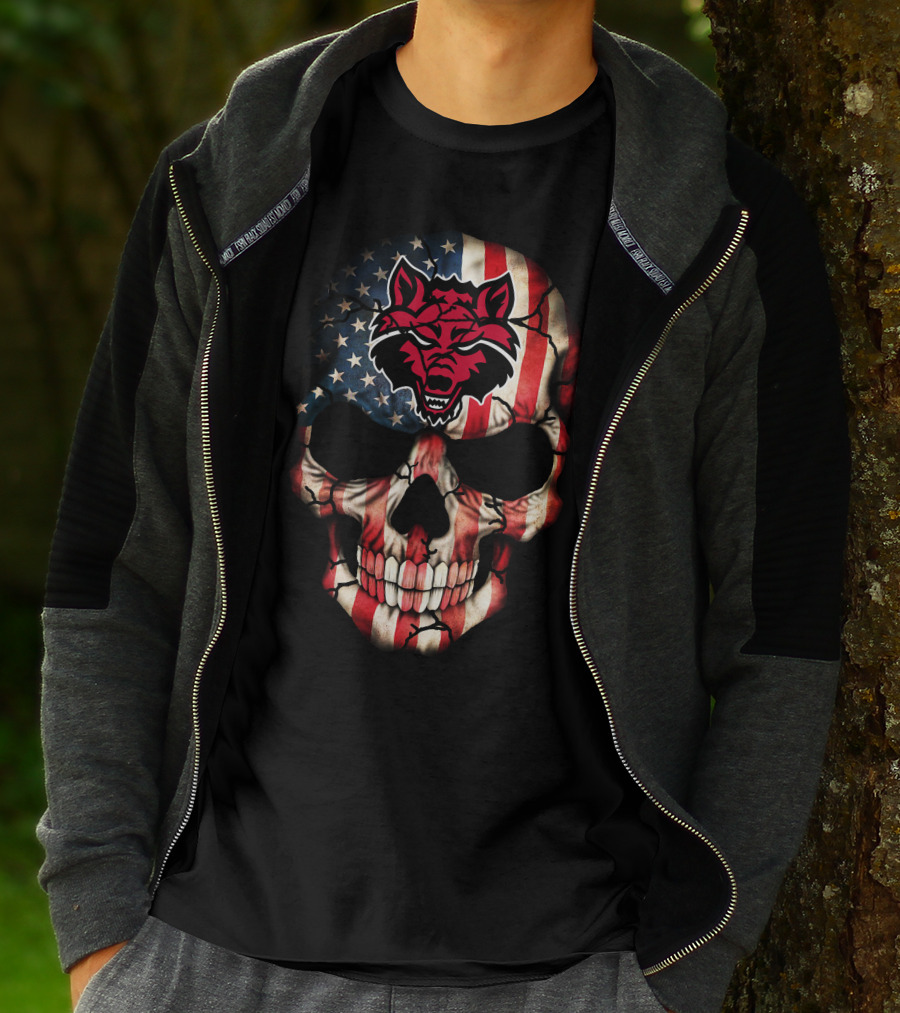 Arkansas State Red Wolves American Flag Skull T-Shirt