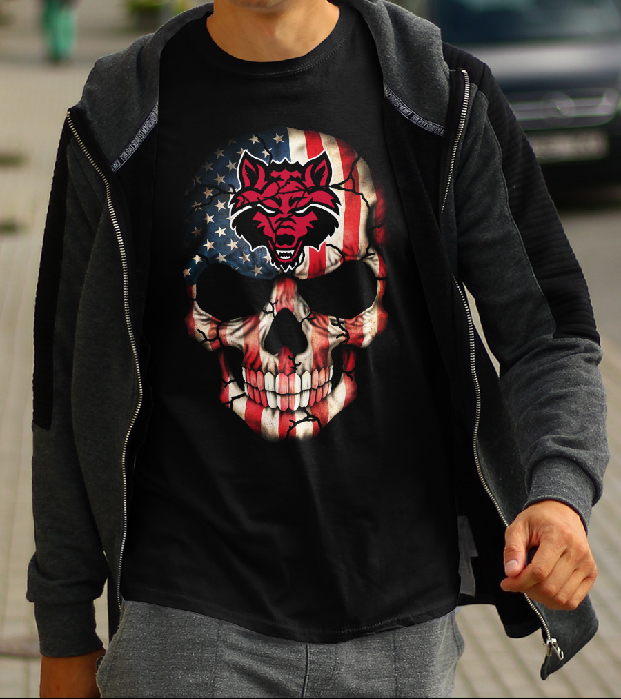 Arkansas State Red Wolves American Flag Skull T-Shirt