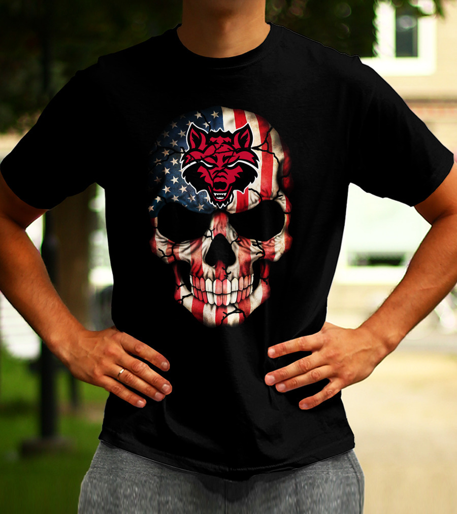 Arkansas State Red Wolves American Flag Skull T-Shirt