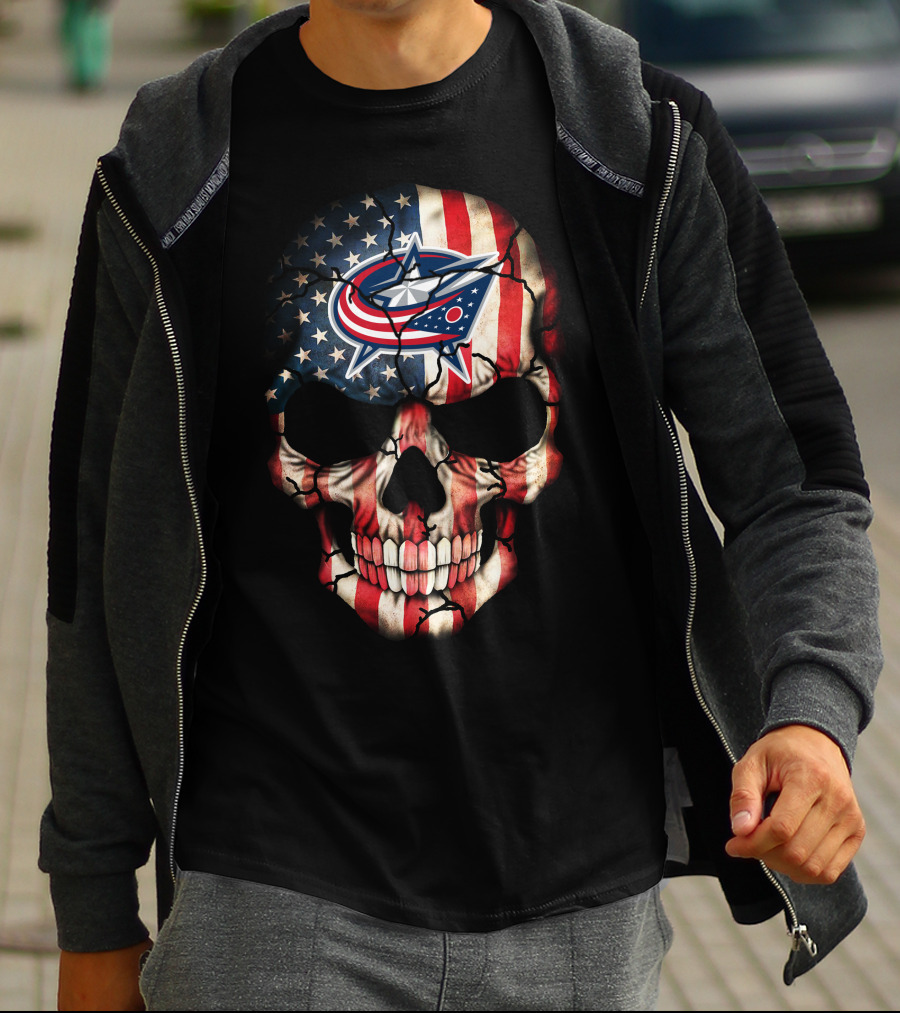 American Flag Skull With Columbus Blue Jackets T-Shirt
