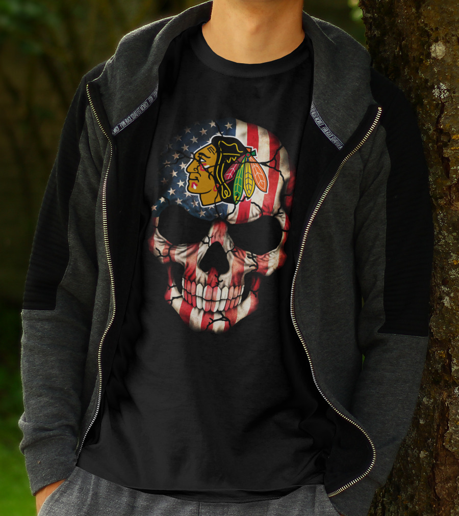 Chicago Blackhawks American Flag Skull T-Shirt