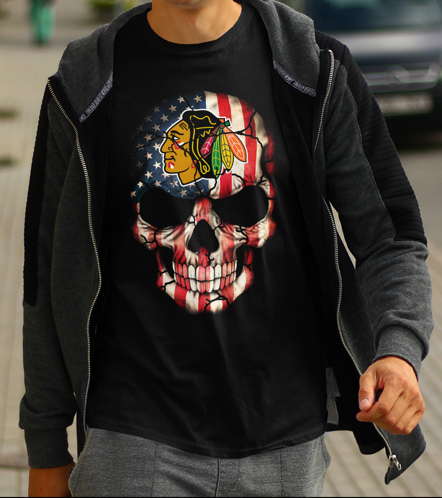 Chicago Blackhawks American Flag Skull T-Shirt