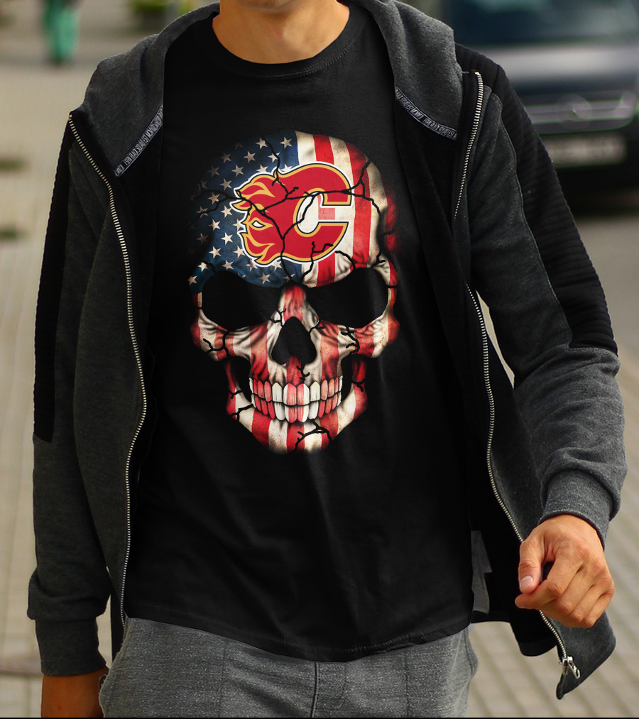 Calgary Flames Skull With American Flag T-Shirt
