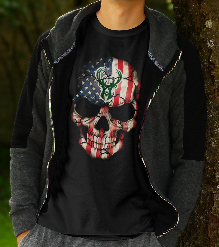 American Flag Skull With Milwaukee Bucks T-Shirt