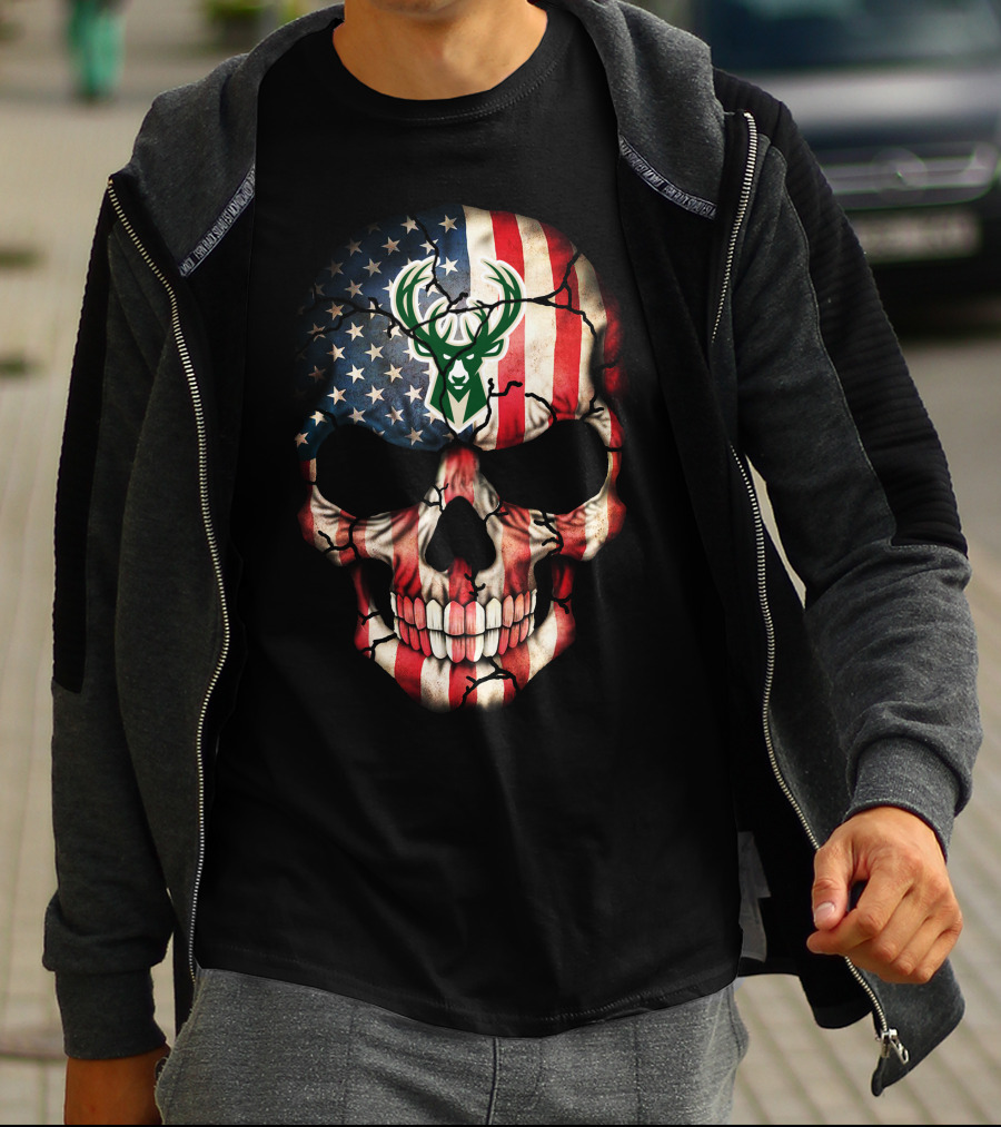 American Flag Skull With Milwaukee Bucks T-Shirt
