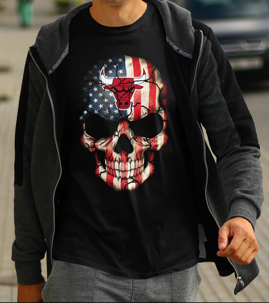 American Flag Skull With Chicago Bulls T-Shirt