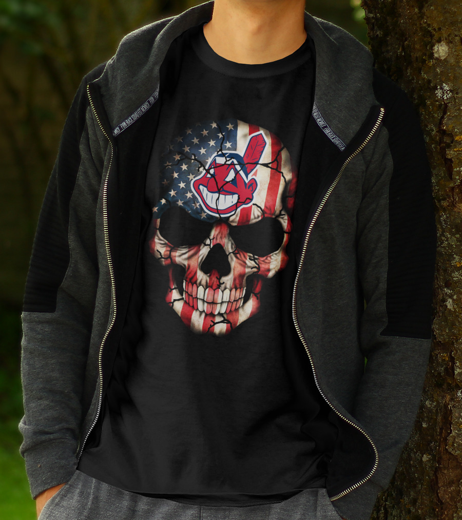Skull With American Flag And Cleveland Indians T-Shirt