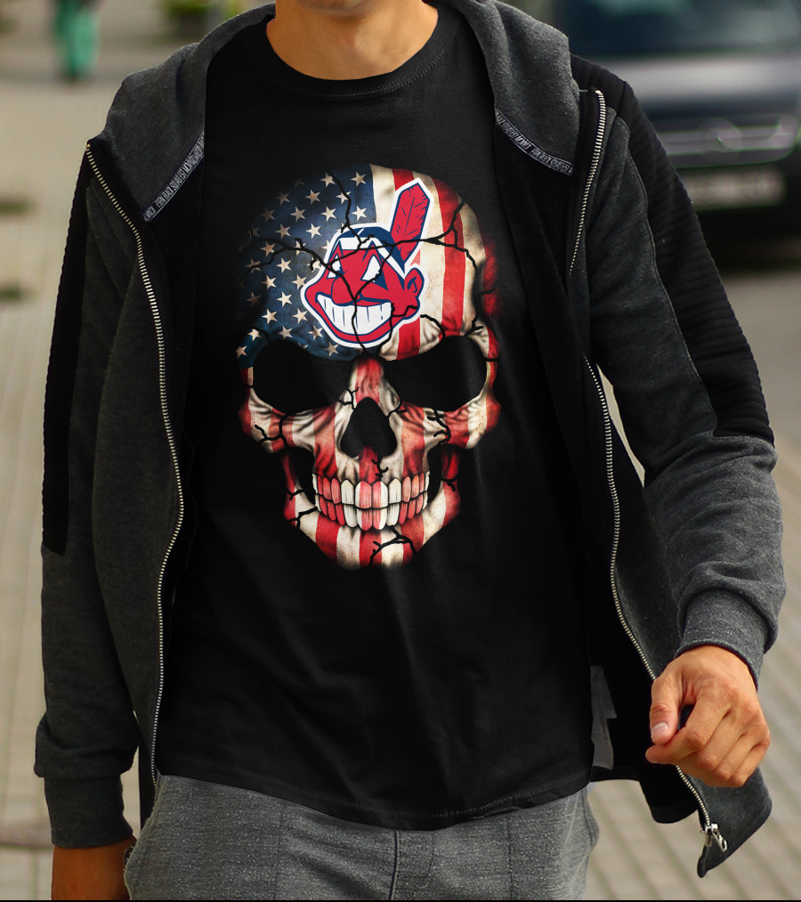 Skull With American Flag And Cleveland Indians T-Shirt