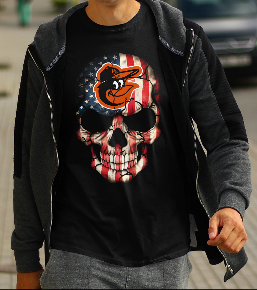 Baltimore Orioles American Flag Skull T-Shirt