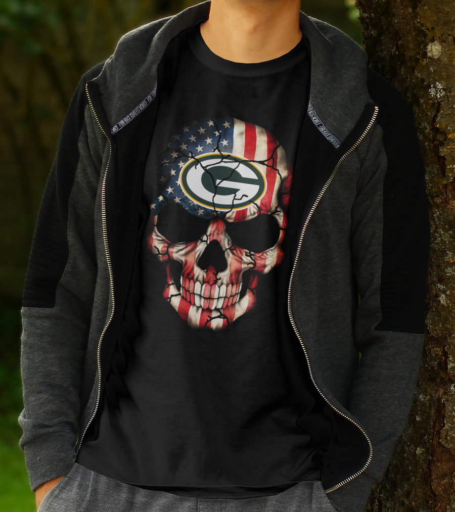 Green Bay Packers American Flag Skull T-Shirt