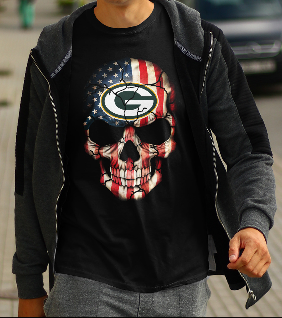 Green Bay Packers American Flag Skull T-Shirt