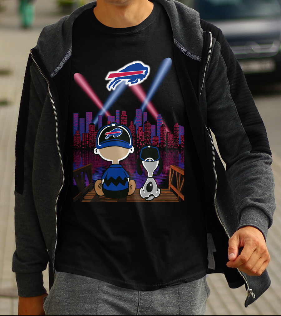 Buffalo Bills Skyline With Snoopy And Charlie Brown On A Pier T-Shirt