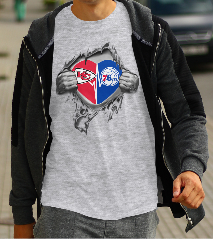 Chiefs Philadelphia 76ers Heart Torn Design Featuring Nfl And Nba Logos T-Shirt