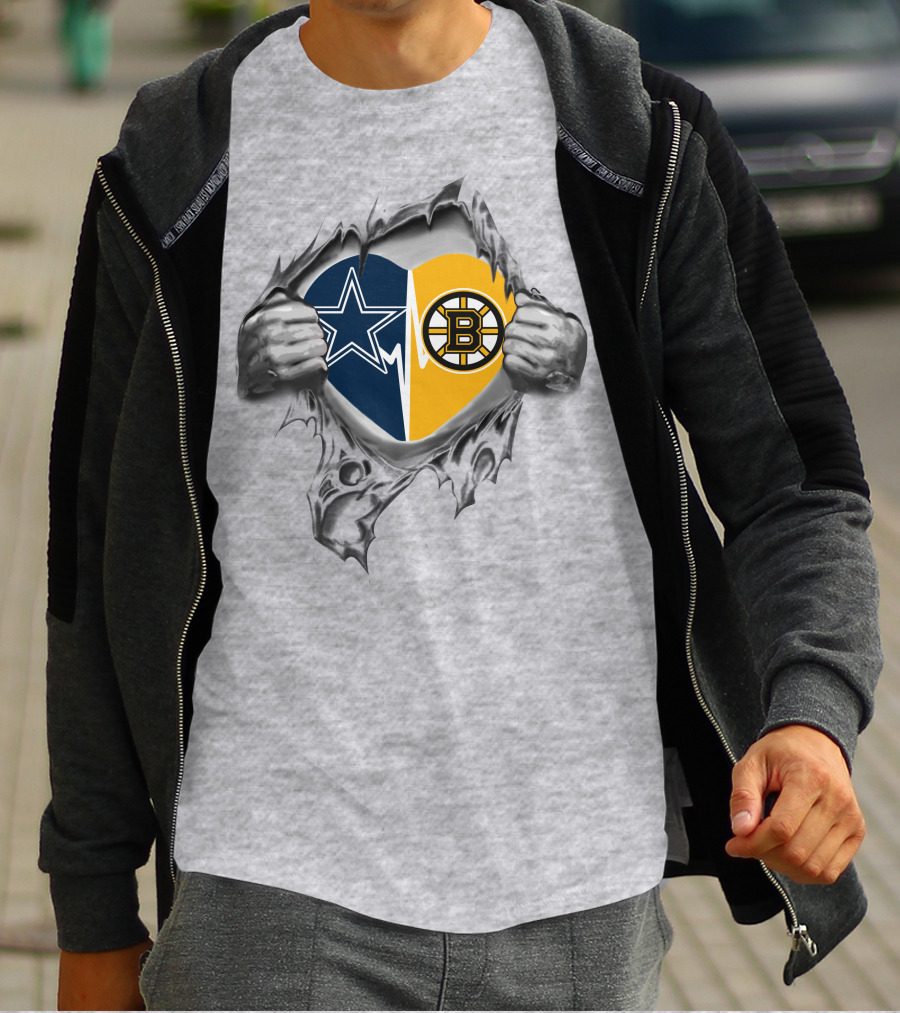 Cowboys Boston Bruins Heart Design Featuring Team Logos In Ripped Effect T-Shirt