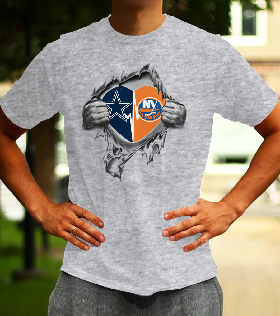 Cowboys New York Islanders Heart Symbol With Star And Hockey Logos T-Shirt