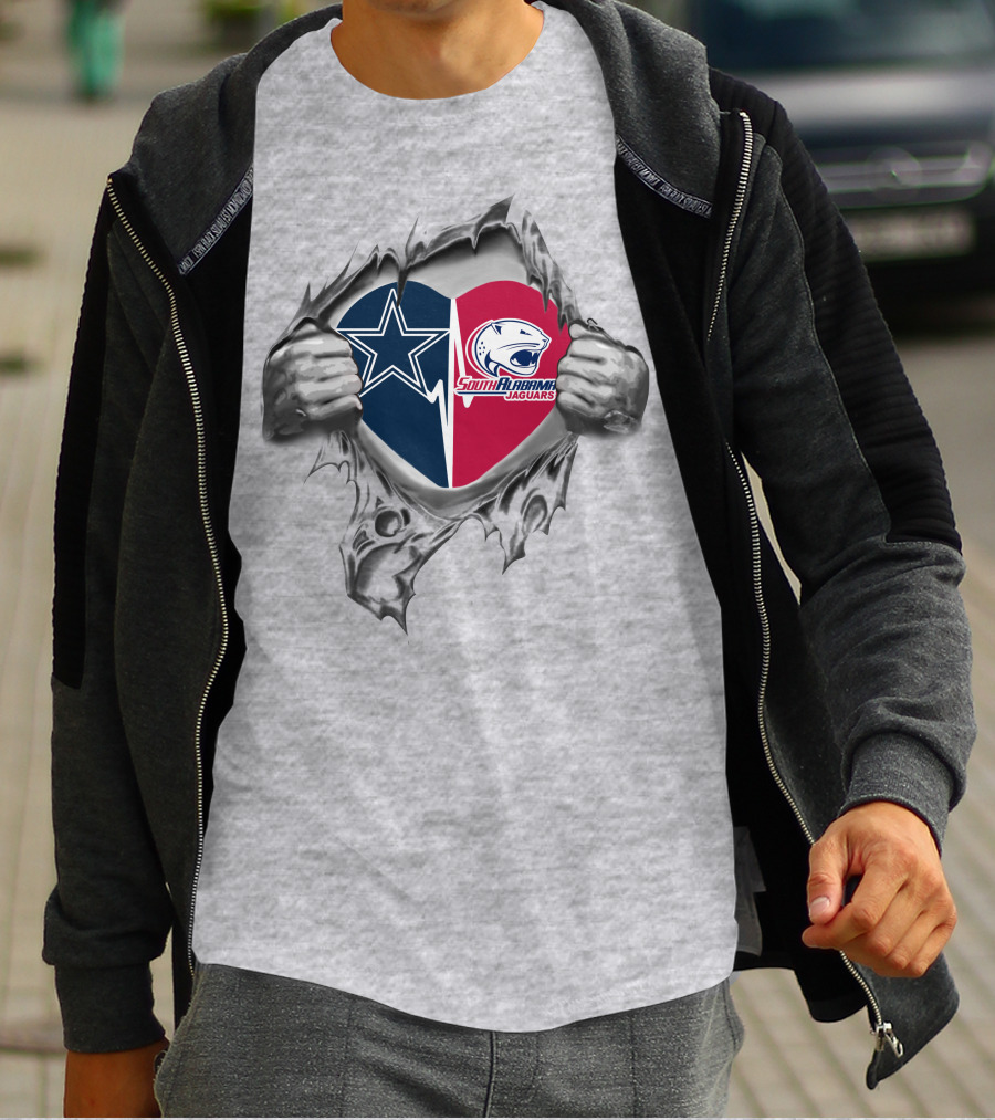 Cowboys South Alabama Jaguars Heart Design Featuring Stars And Jaguar Logos T-Shirt