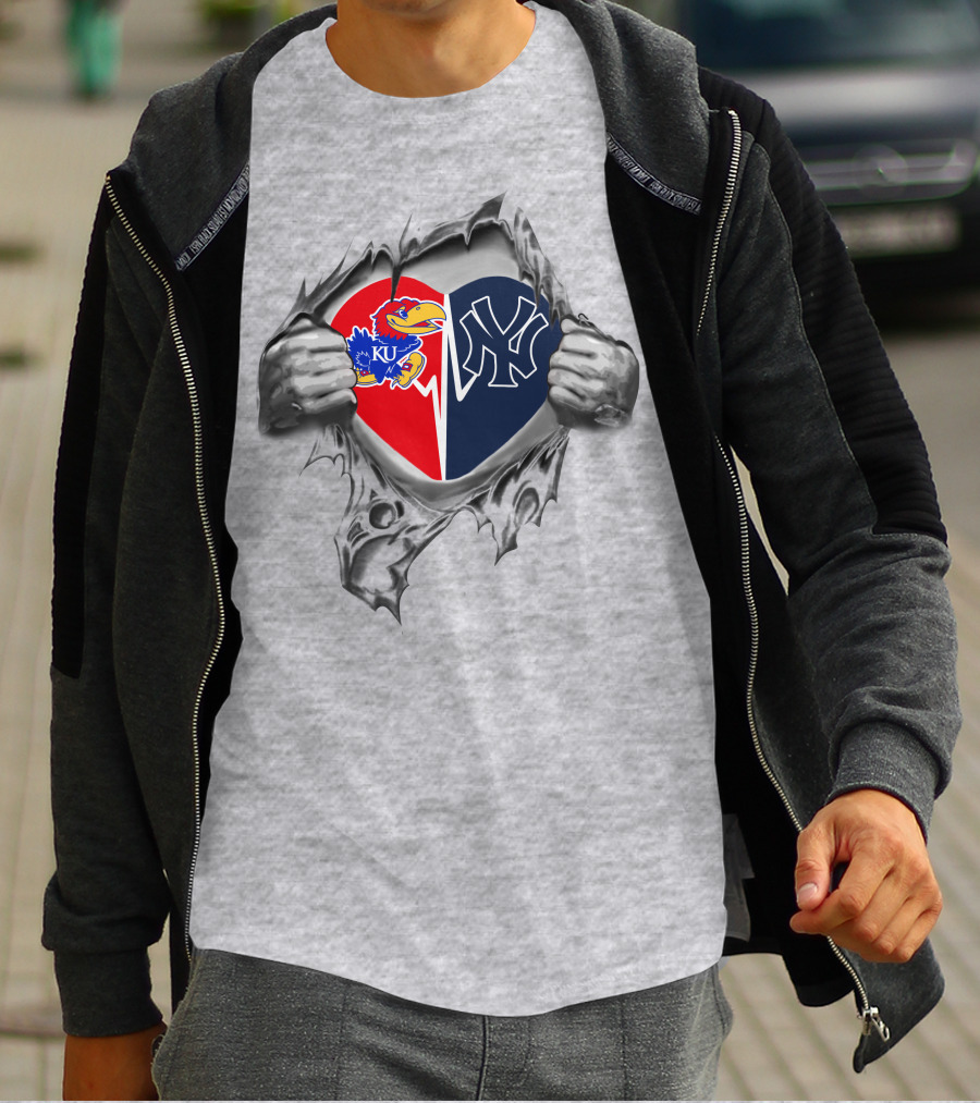 Yankees Kansas Jayhawks Heart Symbol Split T-Shirt