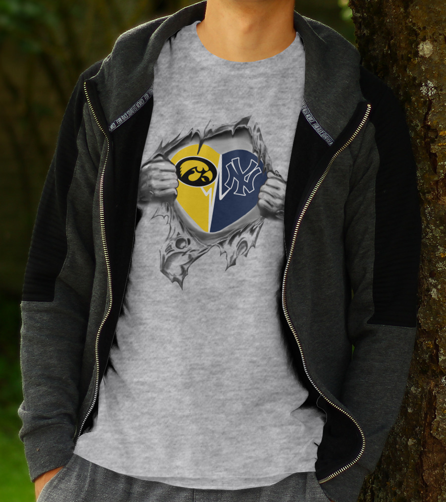 Yankees Hawkeyes Heart Design Featuring Iowa And New York Logos T-Shirt