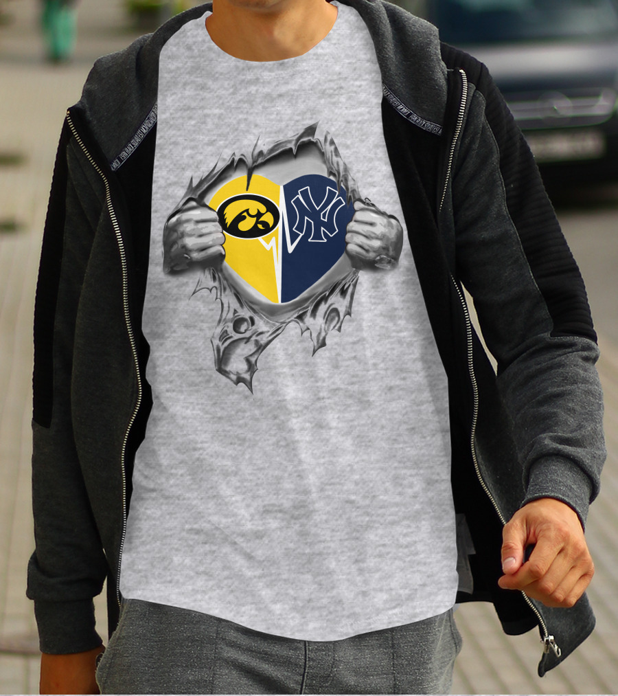 Yankees Hawkeyes Heart Design Featuring Iowa And New York Logos T-Shirt