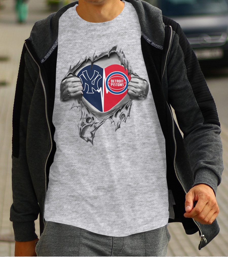 Yankees Detroit Pistons Heart Design With Logos Torn Fabric Effect T-Shirt