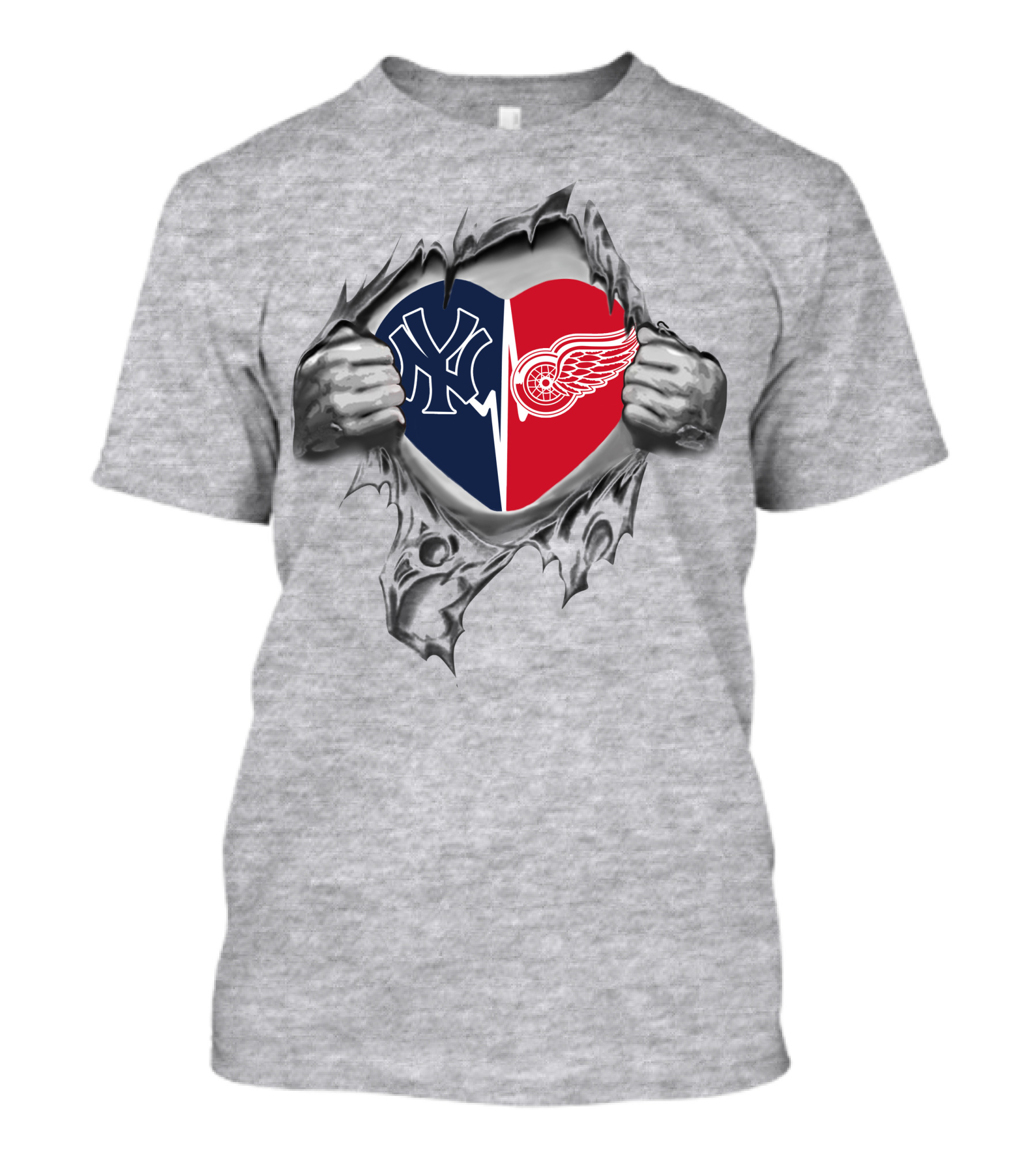 Yankees Detroit Red Wings Heart Torn Open T-Shirt