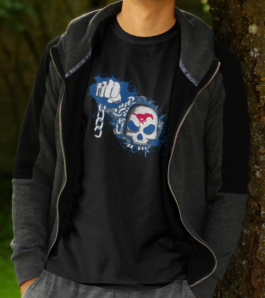 Smu Mustangs Skull With Chains And Red Horse T-Shirt
