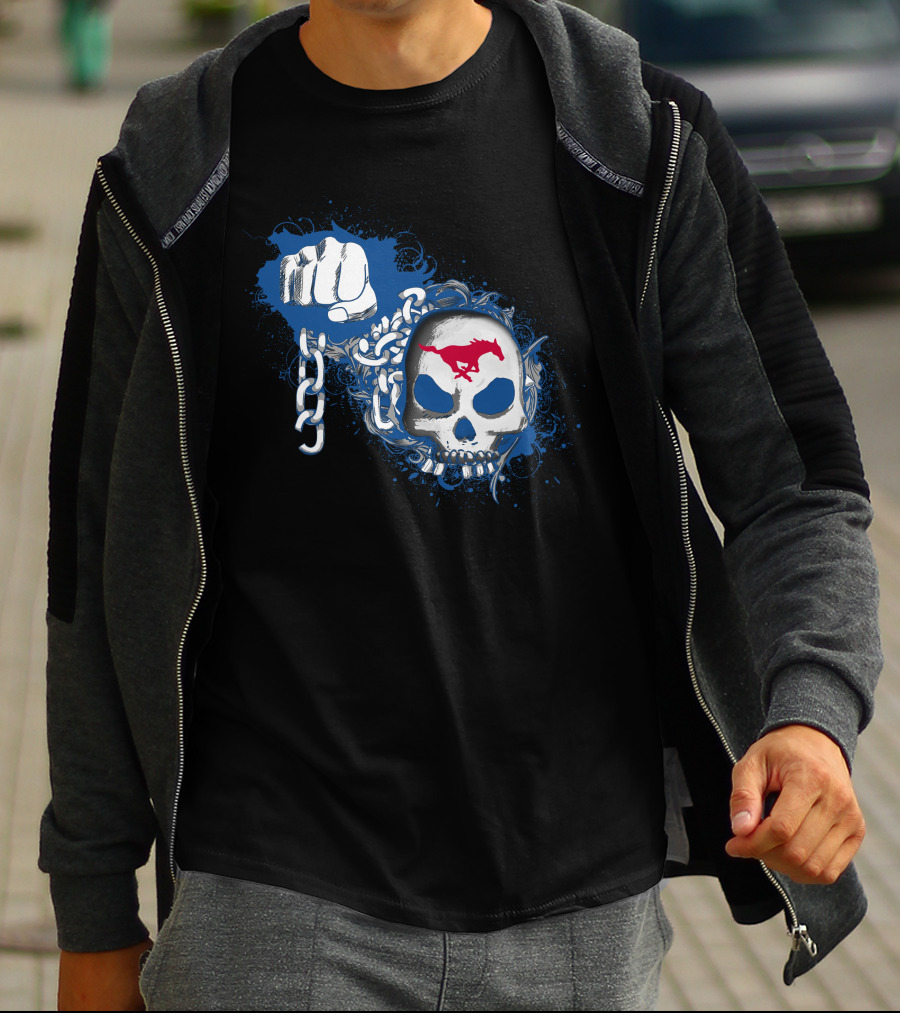 Smu Mustangs Skull With Chains And Red Horse T-Shirt