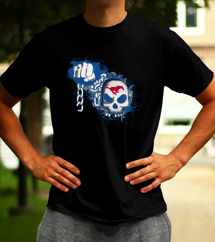 Smu Mustangs Skull With Chains And Red Horse T-Shirt