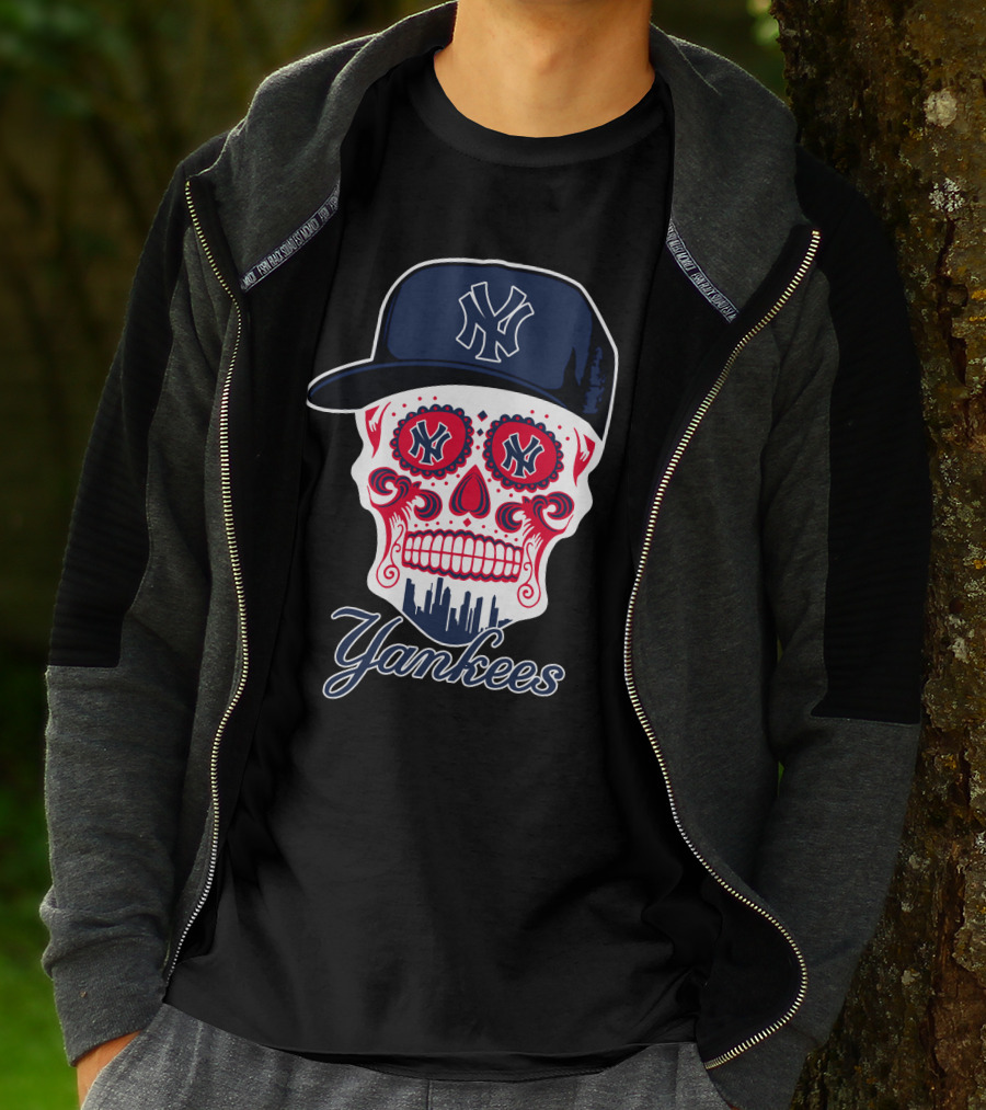 New York Yankees Skull Cap Design With Bold Logo And Cityscape Motif T-Shirt