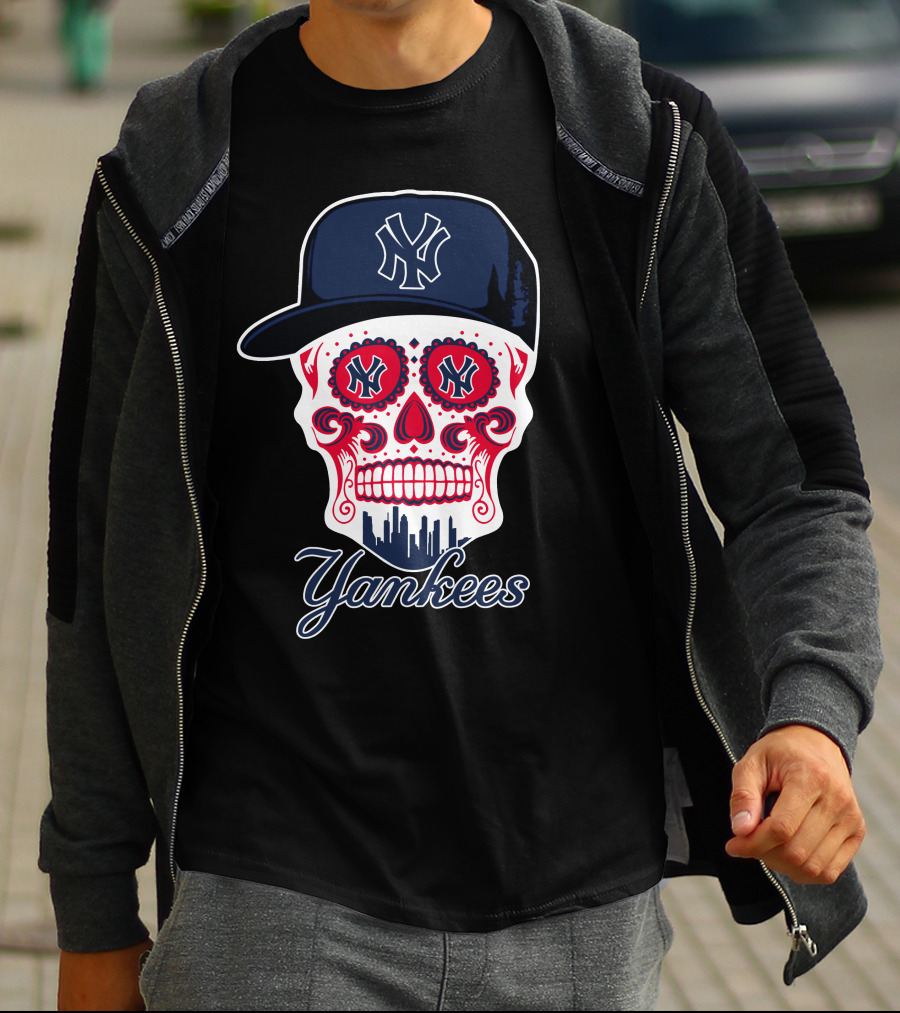 New York Yankees Skull Cap Design With Bold Logo And Cityscape Motif T-Shirt