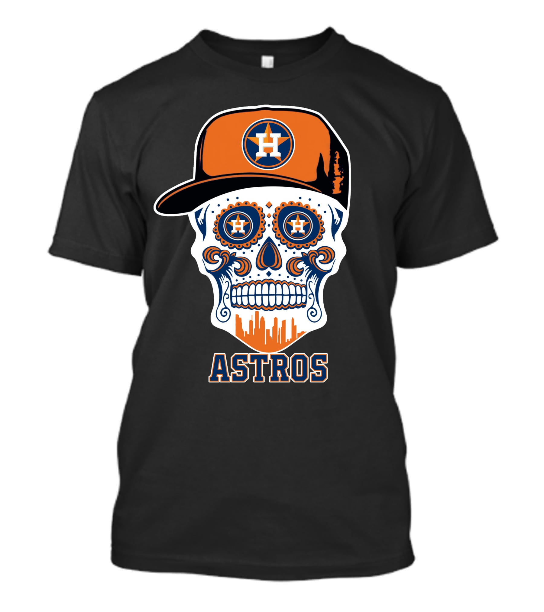 Astros Skull With Cap And Houston Skyline Motif T-Shirt