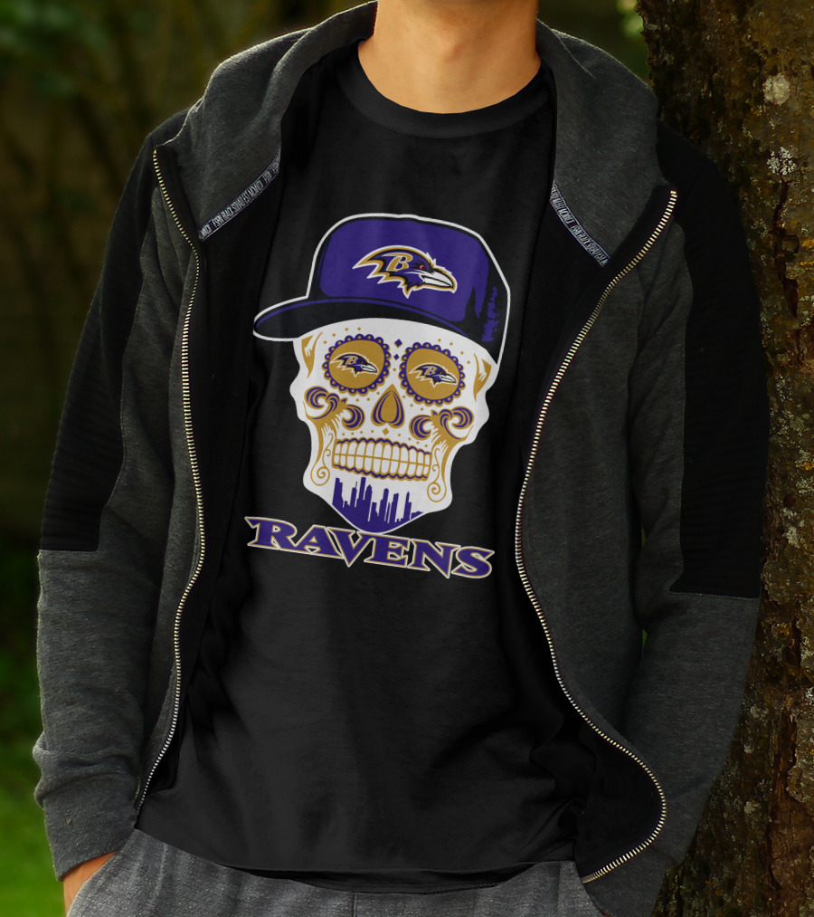 Baltimore Ravens Skull With Cap And Logo Elements T-Shirt