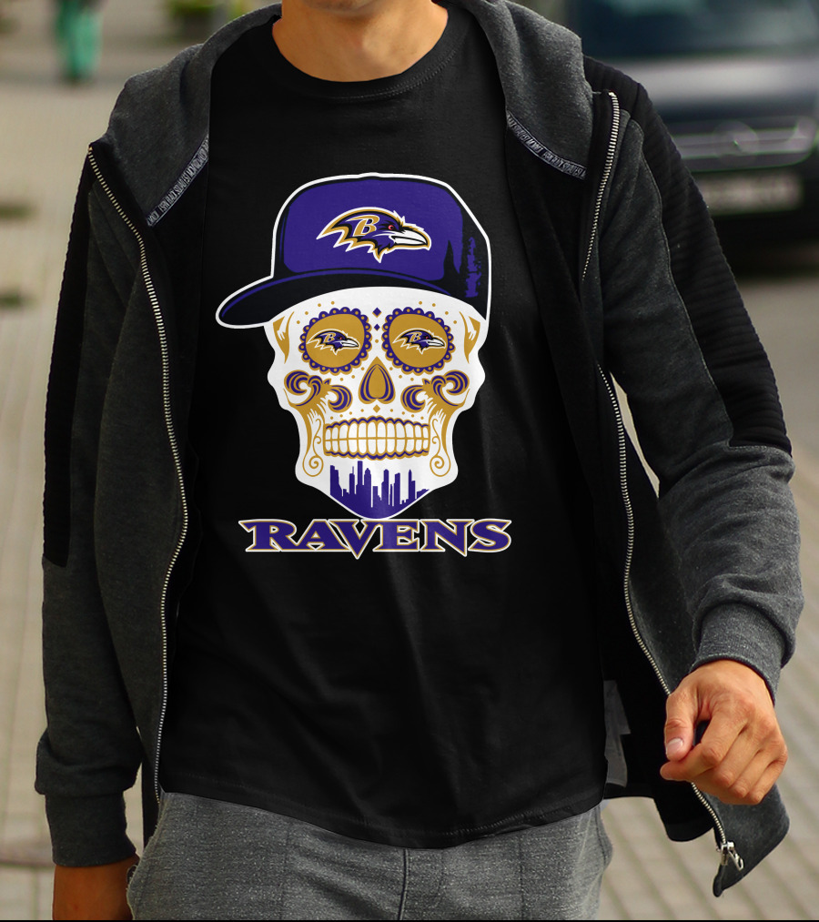 Baltimore Ravens Skull With Cap And Logo Elements T-Shirt