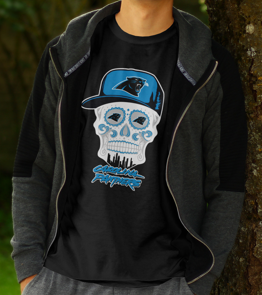 Carolina Panthers Skull With Hat And Skyline T-Shirt