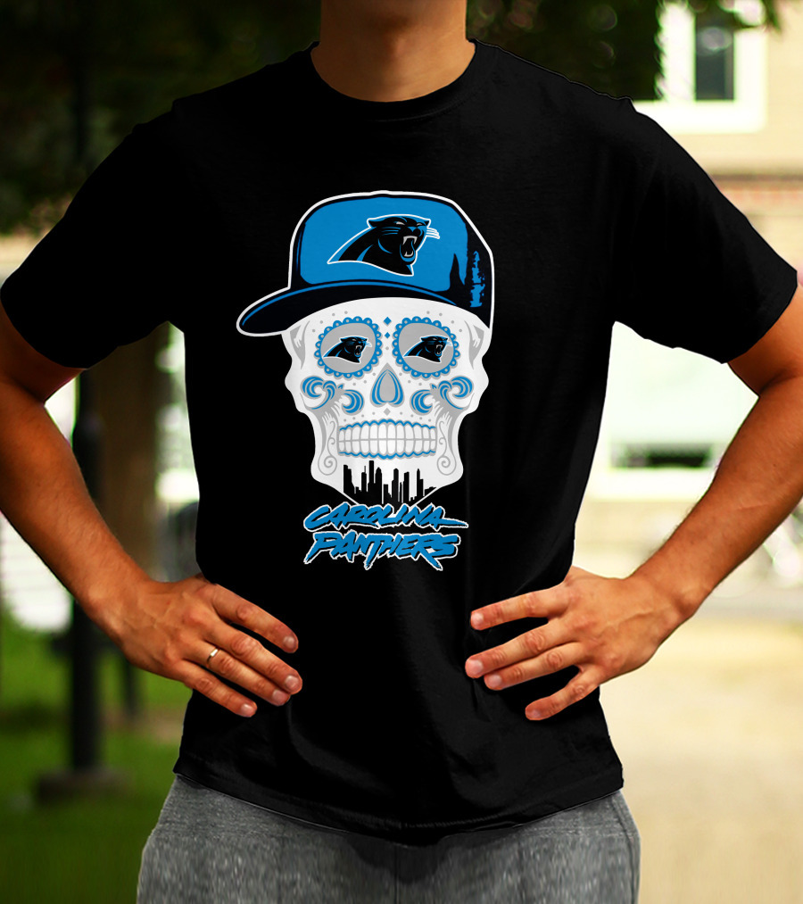 Carolina Panthers Skull With Hat And Skyline T-Shirt