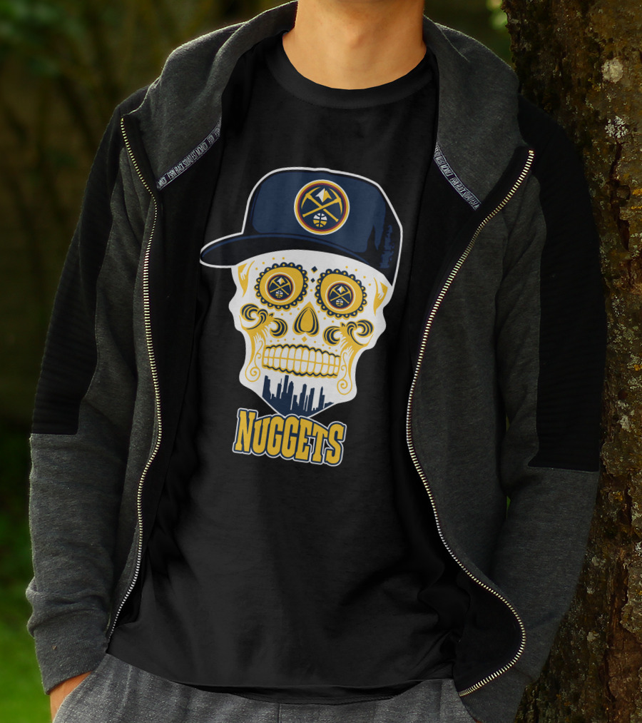 Denver Nuggets Skull Design With Cap And City Silhouette T-Shirt