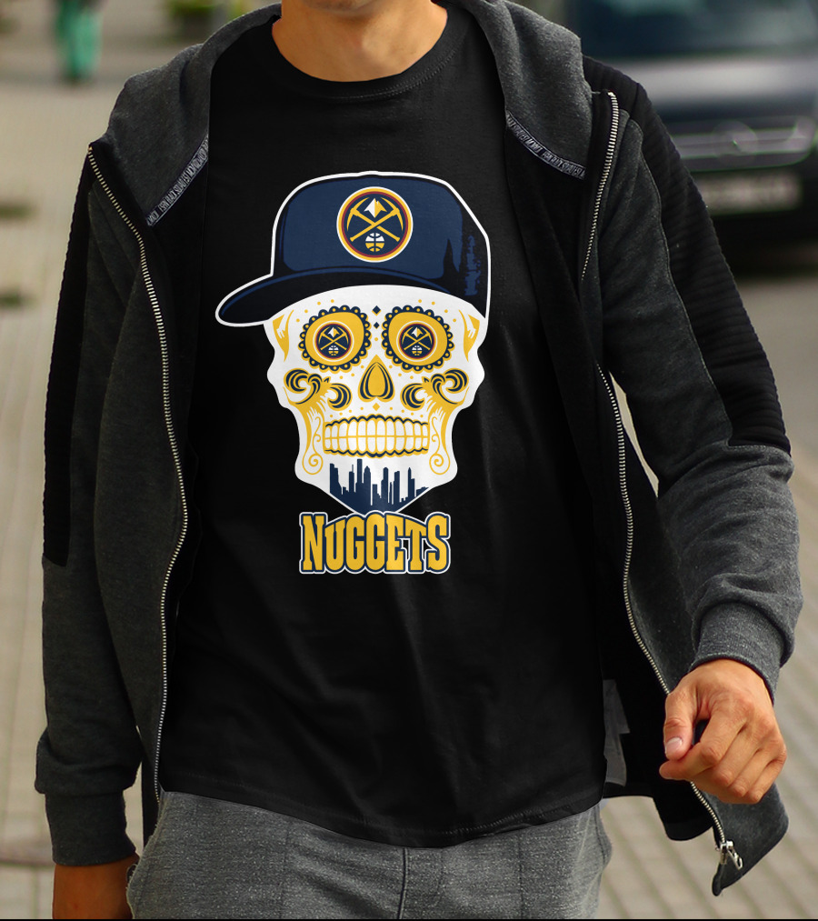 Denver Nuggets Skull Design With Cap And City Silhouette T-Shirt