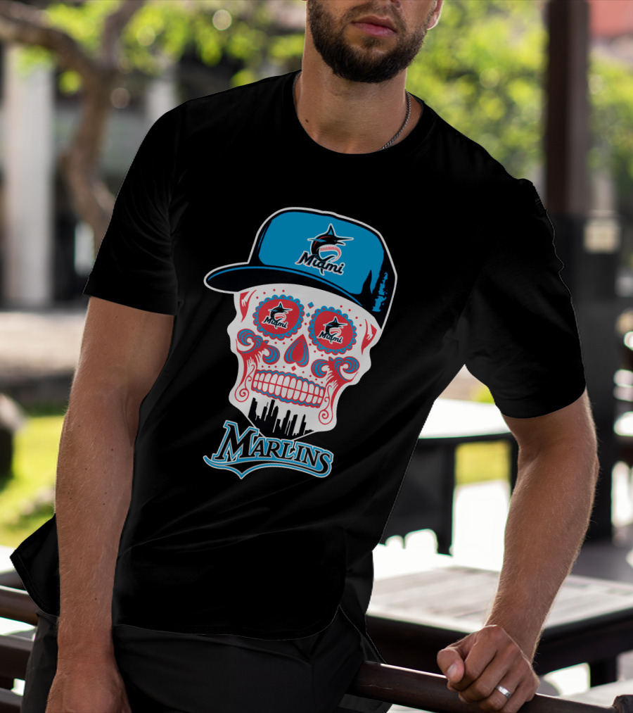 Miami Marlins Skull With Cap And Cityscape Motif T-Shirt