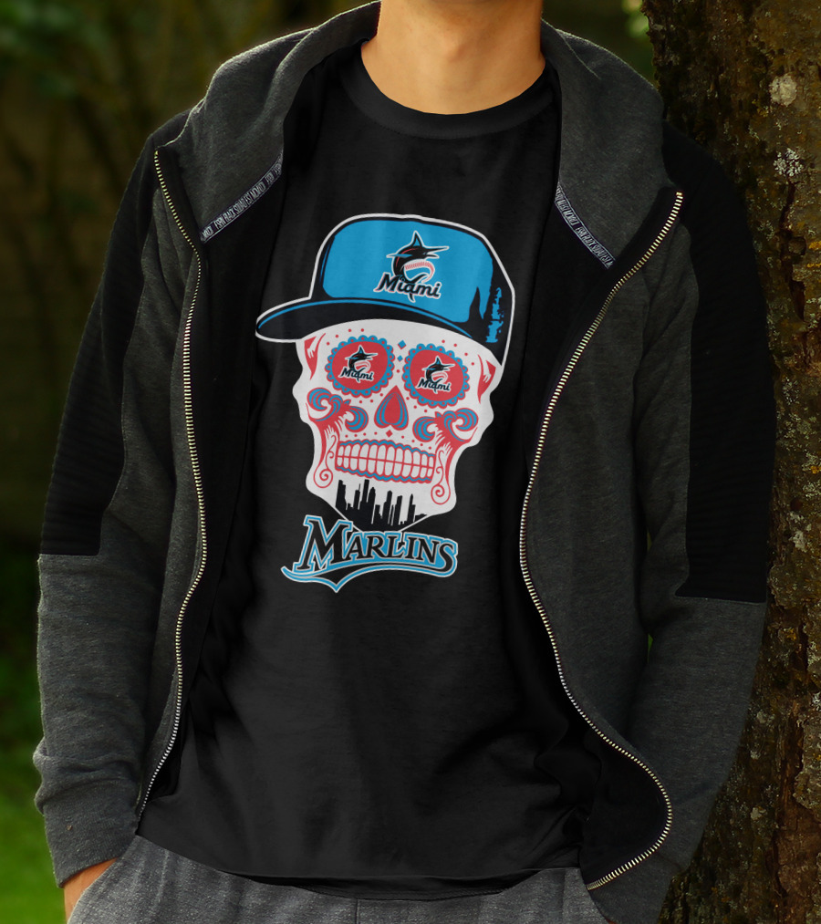 Miami Marlins Skull With Cap And Cityscape Motif T-Shirt
