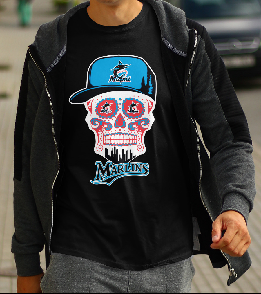 Miami Marlins Skull With Cap And Cityscape Motif T-Shirt