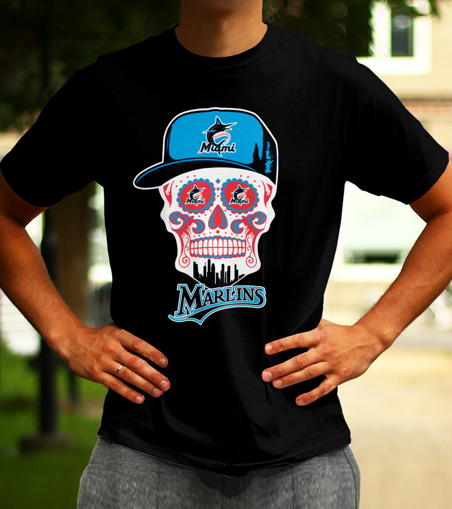 Miami Marlins Skull With Cap And Cityscape Motif T-Shirt