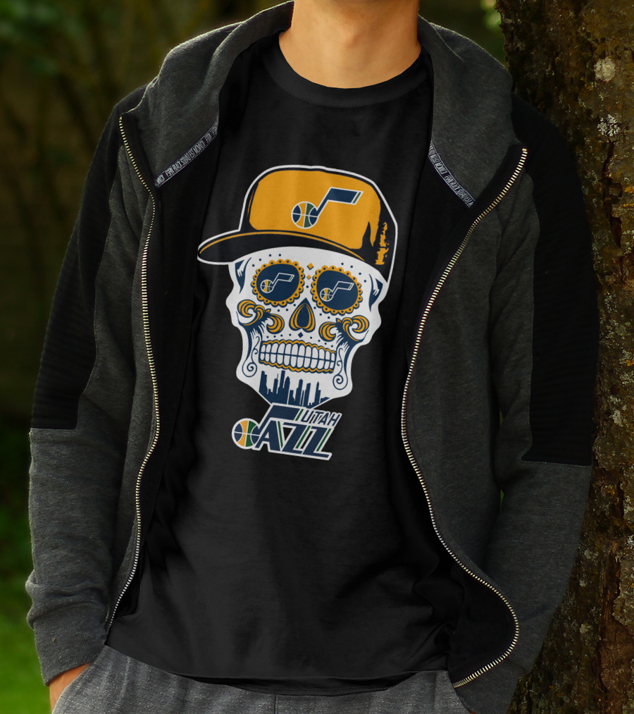 Utah Jazz Skull With City Skyline And Jazz Logo Cap T-Shirt