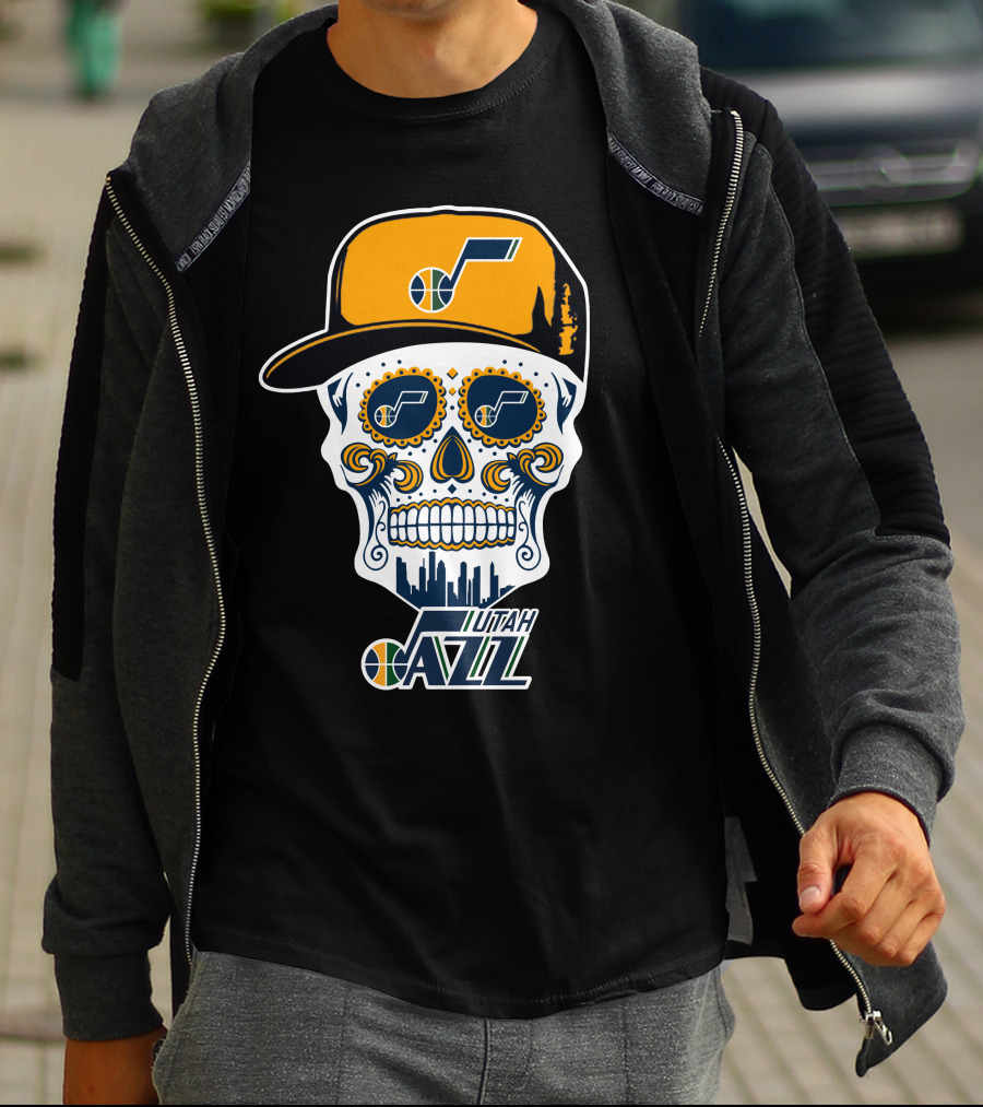 Utah Jazz Skull With City Skyline And Jazz Logo Cap T-Shirt