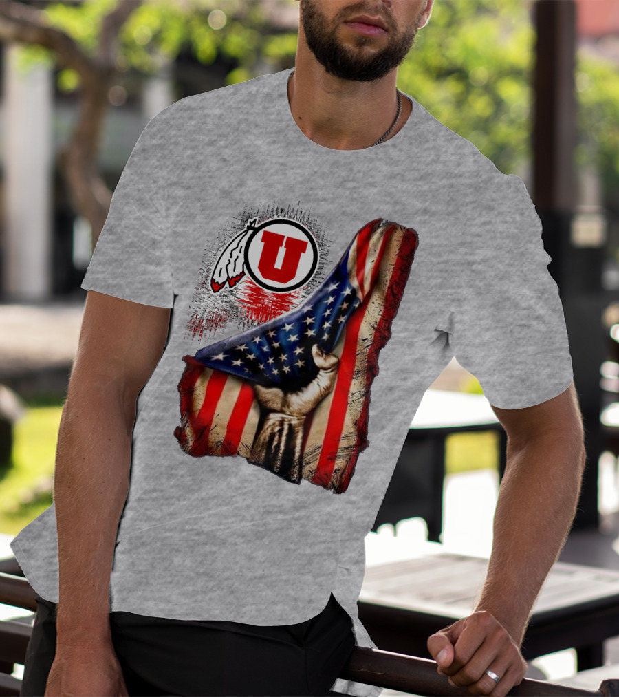 Utah Utes American Flag Background And Hand T-Shirt